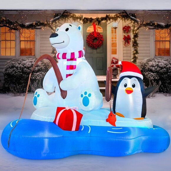 🆕6 FT Long Christmas Inflatable Happy Bear Fishing Penguin Outdoor Decoration - Picture 3 of 11